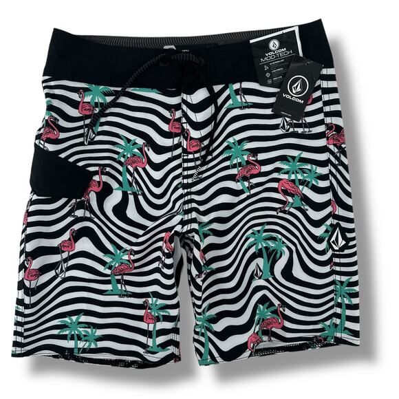 Volcom  Flamingbros Mod Tech Swim Trunks Boys Size 27 14 Large Flamingo Print - Picture 1 of 7